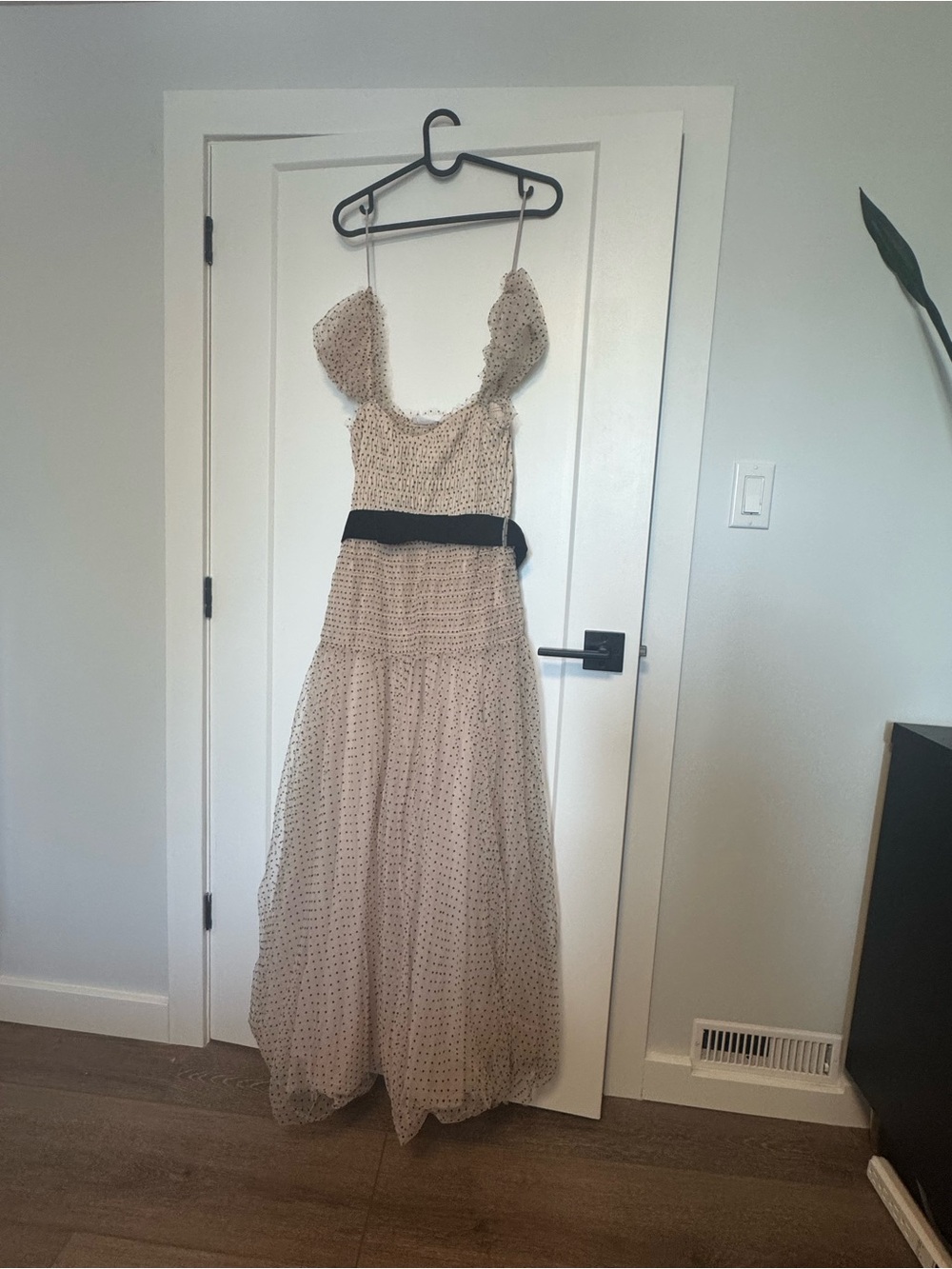 Polka Dot Maxi Dress with Black Velvet Bow Belt